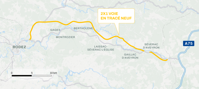 Image montrant une carte de l'Aveyron. Focus sur le tracé de la RN88 ou seront réalisés de potentiels travaux. Portion de Rodez à Séverac d'Aveyron. 2x1 voie en tracé neuf. 