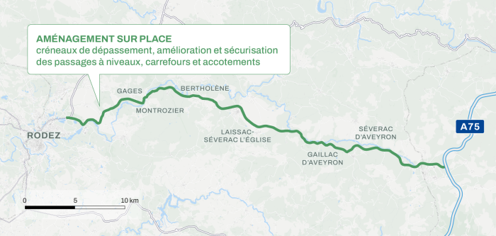 Image montrant une carte de l'Aveyron. Focus sur le tracé de la RN88 ou seront réalisés de potentiels travaux. Portion de Rodez à Séverac d'Aveyron. Aménagement sur place : créneaux de dépassement, amélioration et sécurisation des passages à niveaux, carrefours et accotements. 