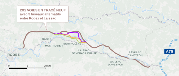 Image montrant une carte de l'Aveyron. Focus sur le tracé de la RN88 ou seront réalisés de potentiels travaux. Portion de Rodez à Séverac d'Aveyron. 2x2 voies en tracé neuf avec 3 fuseaux alternatifs entre Rodez et Laissac.  