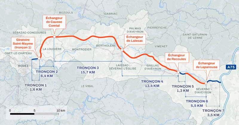 Carte du projet d’aménagement de la RN88 entre Rodez et l’A75. Le tracé, en orange, est divisé en sept tronçons, avec les longueurs indiquées, et comporte plusieurs échangeurs : Causse Comtal, Laissac, Recoules et Lapanouse.